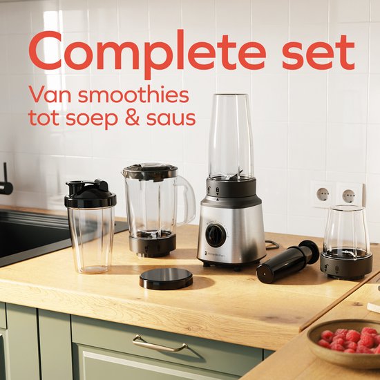 KitchenBrothers Blender - Set complet - 2x 750ml Bowl - Grinder - Tamper - To-Go Cups - Acier inoxydable