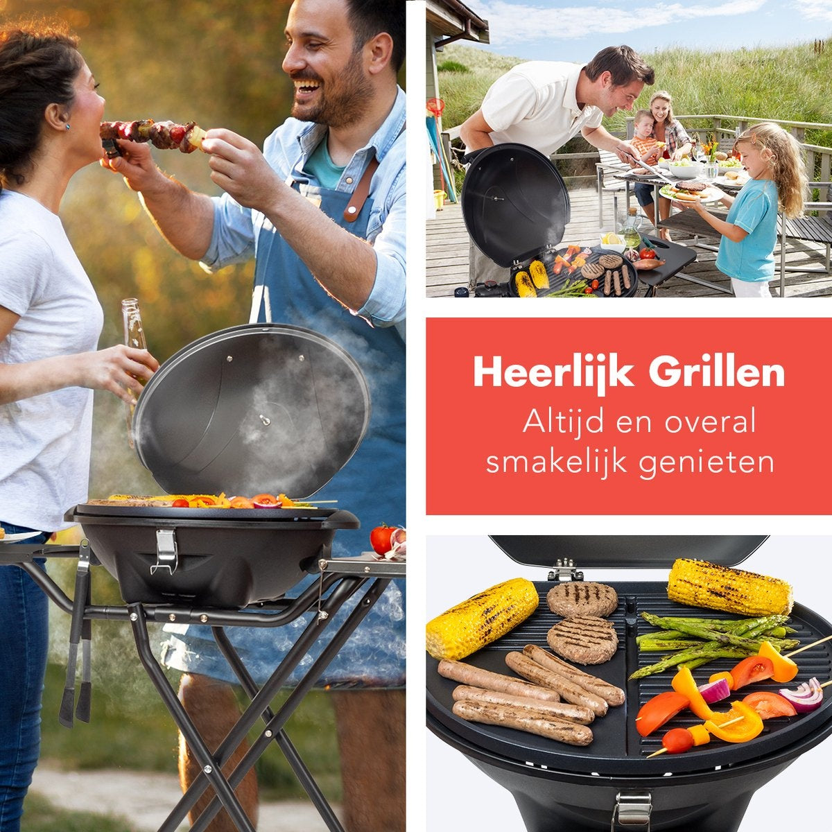 KitchenBrothers Barbecue électrique - avec roues - pliable - revêtement antiadhésif - 46,5 x 33,8cm - jusqu'à 250°C - 2400W - noir