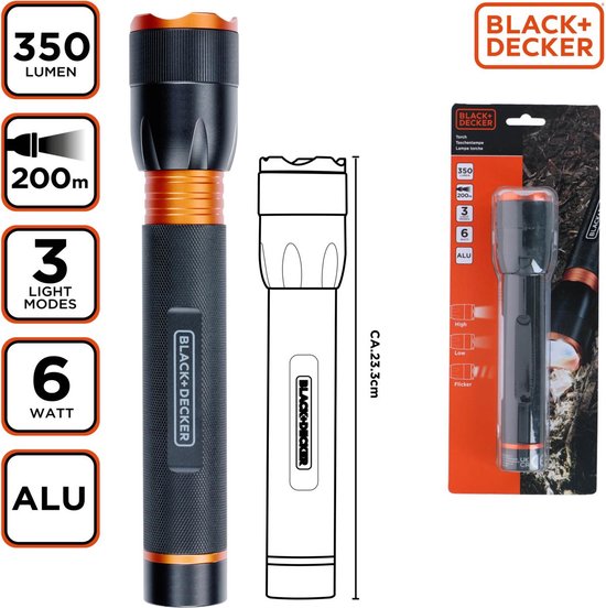 BLACK+DECKER Lampe de poche LED 350 Lumen - 6W - 200M de portée - 3 modes d'éclairage : Haut, Bas, Pulsation - Noir/Orange