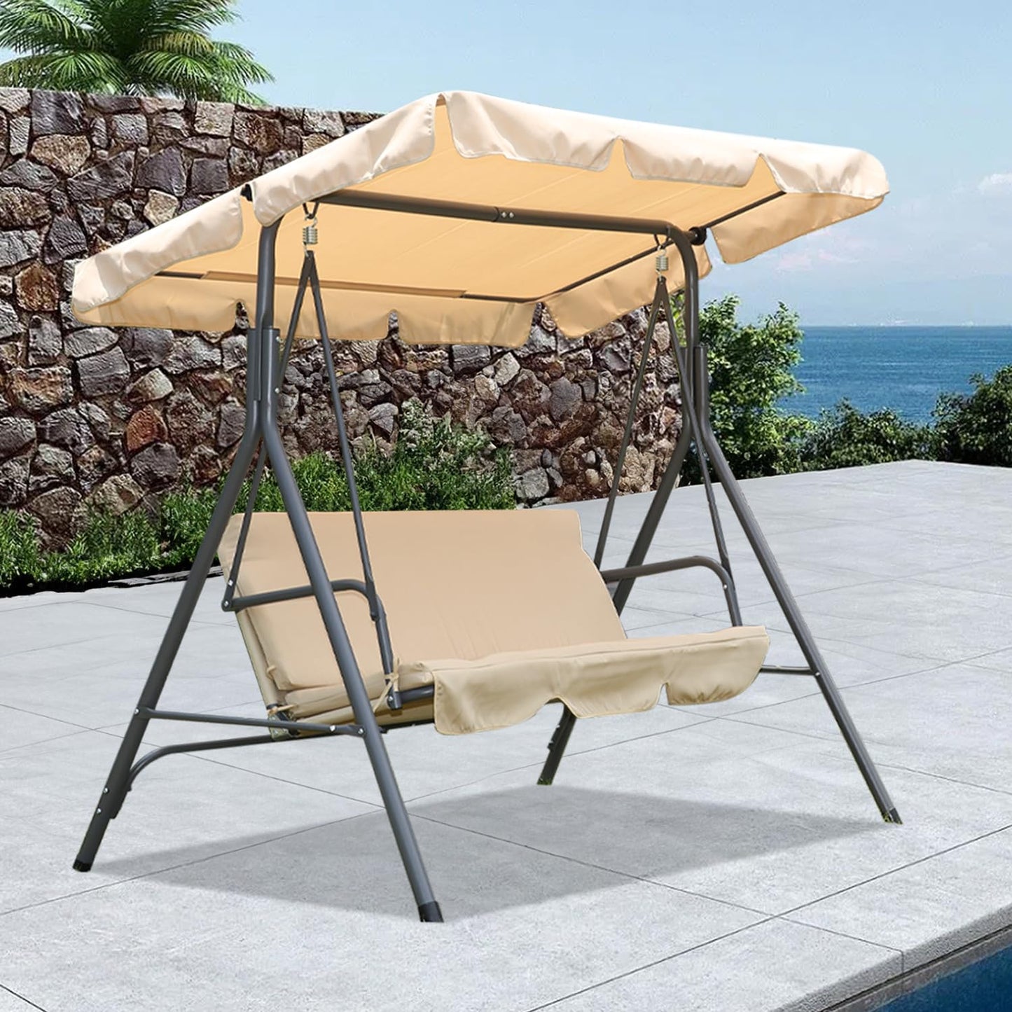 Balançoire de jardin Angel Living Hollywood 3 places avec pare-soleil - beige - env. 170 x 110 x 152 cm