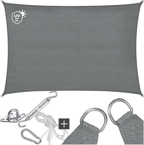 tectake® Toile d'ombrage rectangulaire Sunny - 2 x 3 m - Toile d'ombrage extra robuste en HDPE 185 g/m² - Protection UV 50+ - Résistant aux intempéries et à la déchirure - Parasol pour jardin, balcon, terrasse - Parasol avec matériel de fixation - Gris