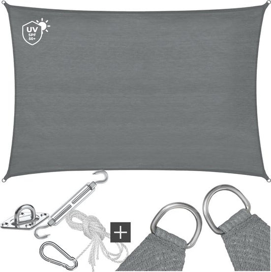 tectake® Toile d'ombrage rectangulaire Sunny - 2 x 3 m - Toile d'ombrage extra robuste en HDPE 185 g/m² - Protection UV 50+ - Résistant aux intempéries et à la déchirure - Parasol pour jardin, balcon, terrasse - Parasol avec matériel de fixation - Gris