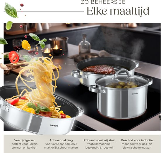 tectake® Set de casseroles - acier inoxydable - Convient à la cuisson par induction, au gaz et à l'électricité - 15 pièces - Lavable au lave-vaisselle - Pour la maison ou le camping - Poêles avec couvercles