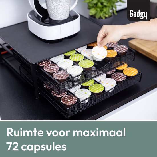 Porte-capsules Gadgy Dolce Gusto à 2 tiroirs - Porte-capsules avec tiroir - Porte-tasses à café pour 72 capsules - Porte-dosettes - Acier inoxydable - Noir - Antidérapant et amortissant les vibrations