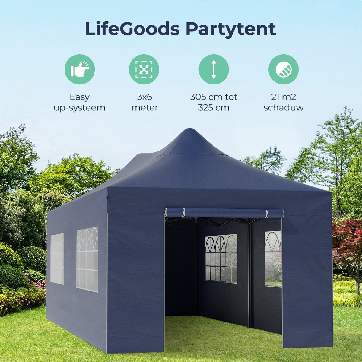 Chapiteau de jardin LifeGoods - 3x6 m - Pliable - Etanche - Parois - Sac de transport à roulettes - Bleu foncé