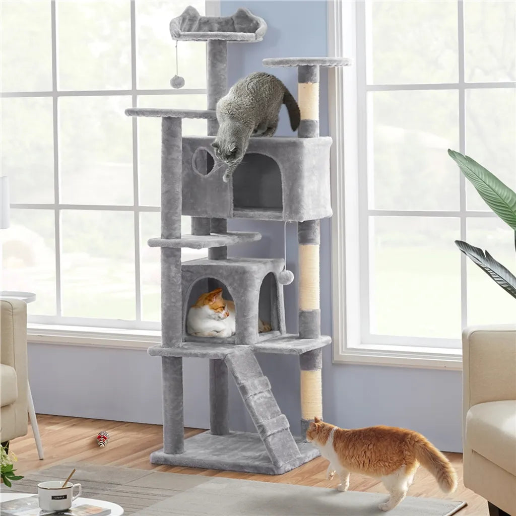 Arbre à chat Yaheetech de 178 cm avec deux niches pour chats, gris clair