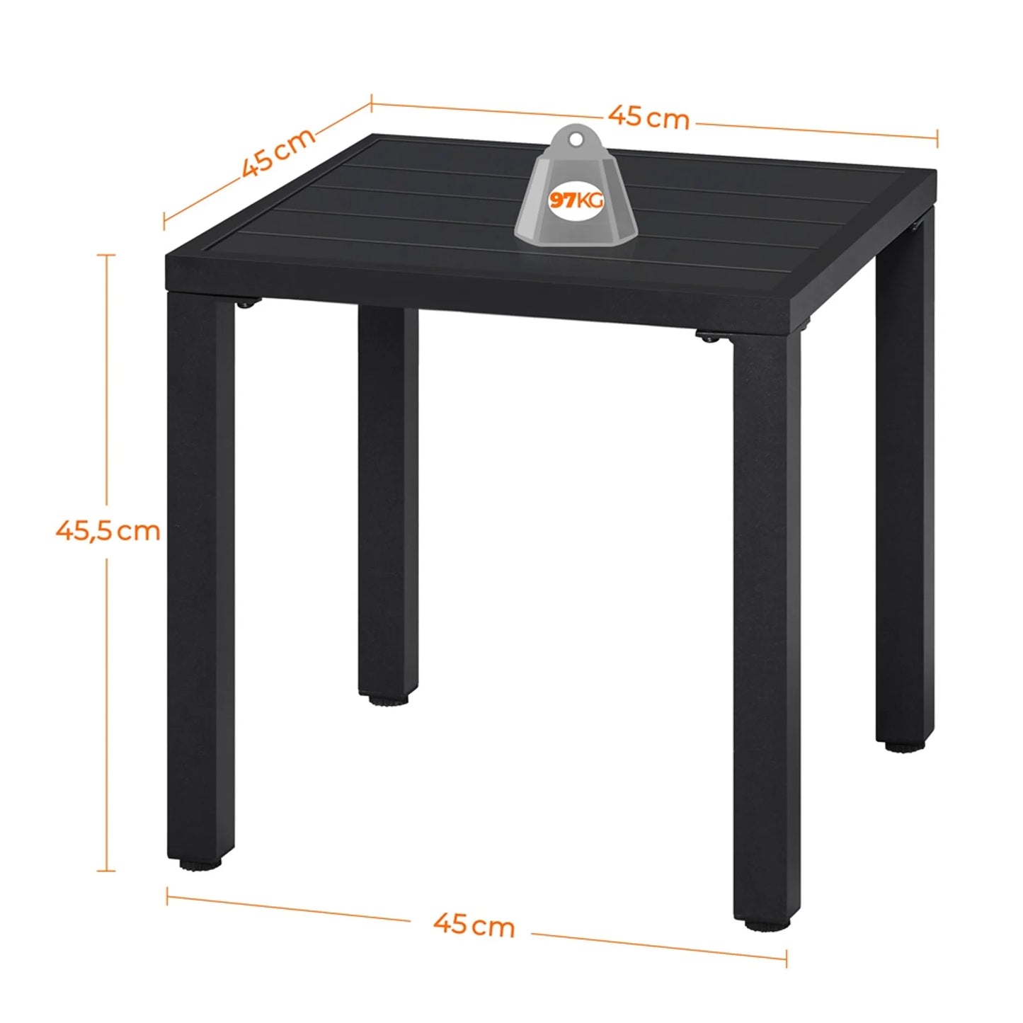 Yaheetech Table d'appoint carrée pour l'extérieur - équipée d'un plateau à lamelles, d'un revêtement en poudre électrophorétique et d'une barre de support - pour le jardin, le balcon et la terrasse - métal noir - 45 x 45 x 45,5 cm