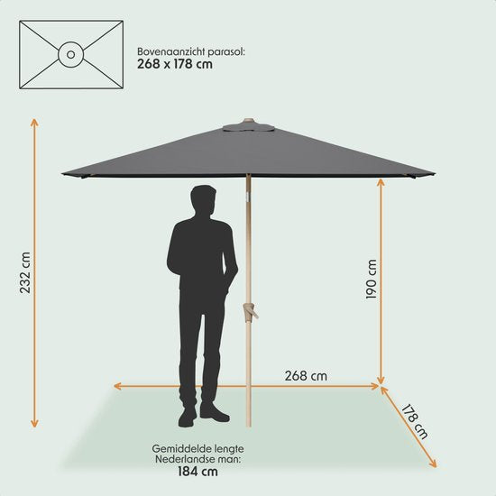 LifeGoods Parasol - Jardin - 270x180cm - 30° inclinable - Imperméable - UPF50+ - Revêtement en bois - Gris foncé
