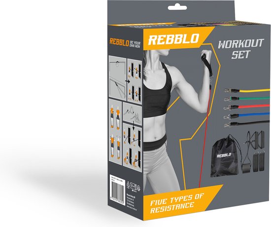 Rebblo - Kit d'entraînement à domicile – 10 pièces – Bandes de résistance – Bandes pour les chevilles – Poignées – Ancrage de porte – Kit de fitness avec sac de rangement inclus - 2/3/4/5/6 kg