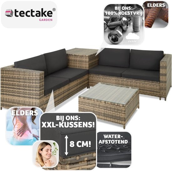 Tectake - Salon en osier Siena (4 personnes) - Modulaire, coffre de rangement, coussins extra épais, résistant aux UV et aux intempéries, structure en acier - Nature/Gris foncé