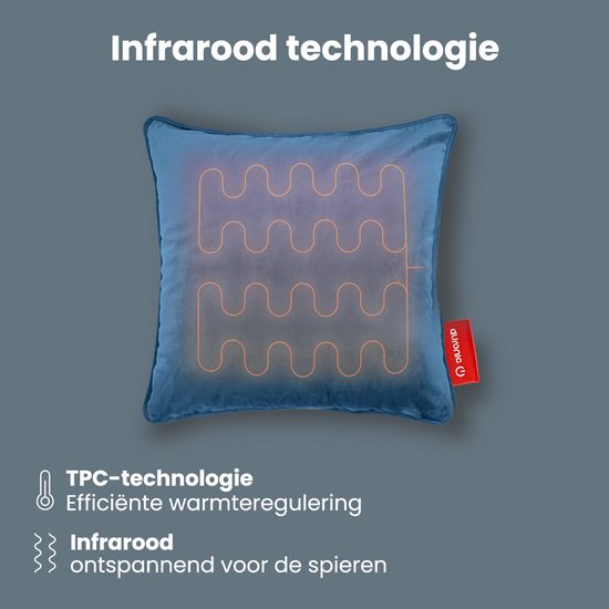 Auronic Coussin chauffant Velours - 45x45 - Sans fil - Rechargeable - Oreiller électrique - Infrarouge - Bleu-gris