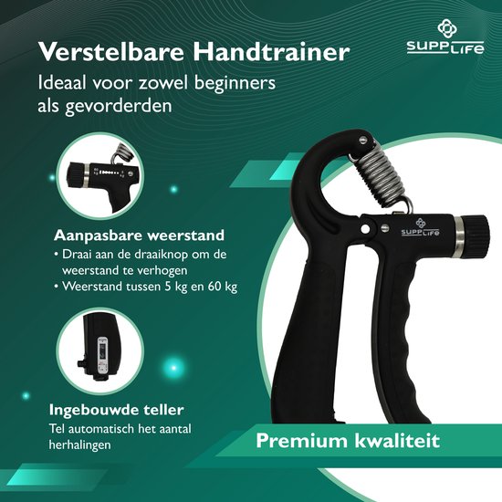 Kit d'entraînement pour les mains Supplife, 5 pièces – Pince à main réglable avec compteur – Entraîneur de préhension et balle de préhension – Entraîneur pour les doigts – Anti-RSI