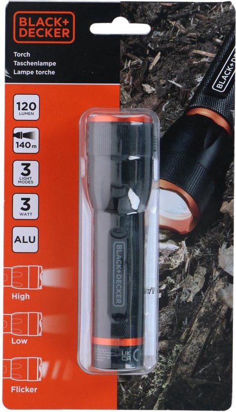 BLACK+DECKER Lampe de poche LED 120 Lumen - 3W - 140M Portée - 3 modes d'éclairage : Haut, Bas, Pulsé - Noir/Orange