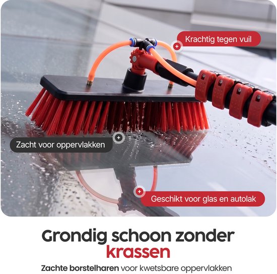Brosse de lavage télescopique Infinity Goods 7,5 m - Nettoyeur de vitres - Raclette - Distributeur de savon - Passage d'eau - Noir/Rouge