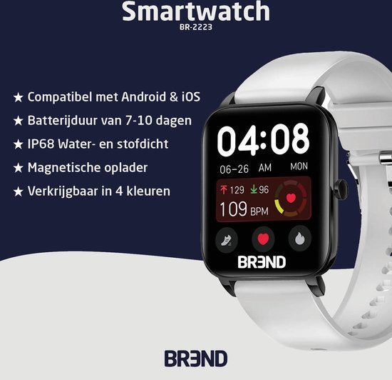 BREND Smartwatch pour femmes et hommes - podomètre, tensiomètre et cardiofréquencemètre - montre de sport - étanche - blanc