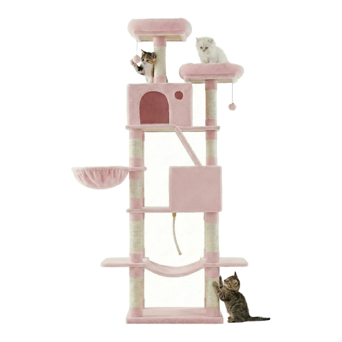 Joyfurnos Arbre à chat 206 cm - Tour pour chat XXL avec 13 poteaux à griffer, 2 maisonnettes et un hamac - Rose