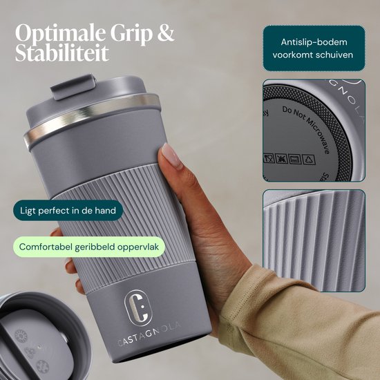 Mug isotherme Castagnola - Mug à café à emporter - Mug de voyage pour café et thé - Mug à thé - 510 ml - Acier inoxydable - Gris