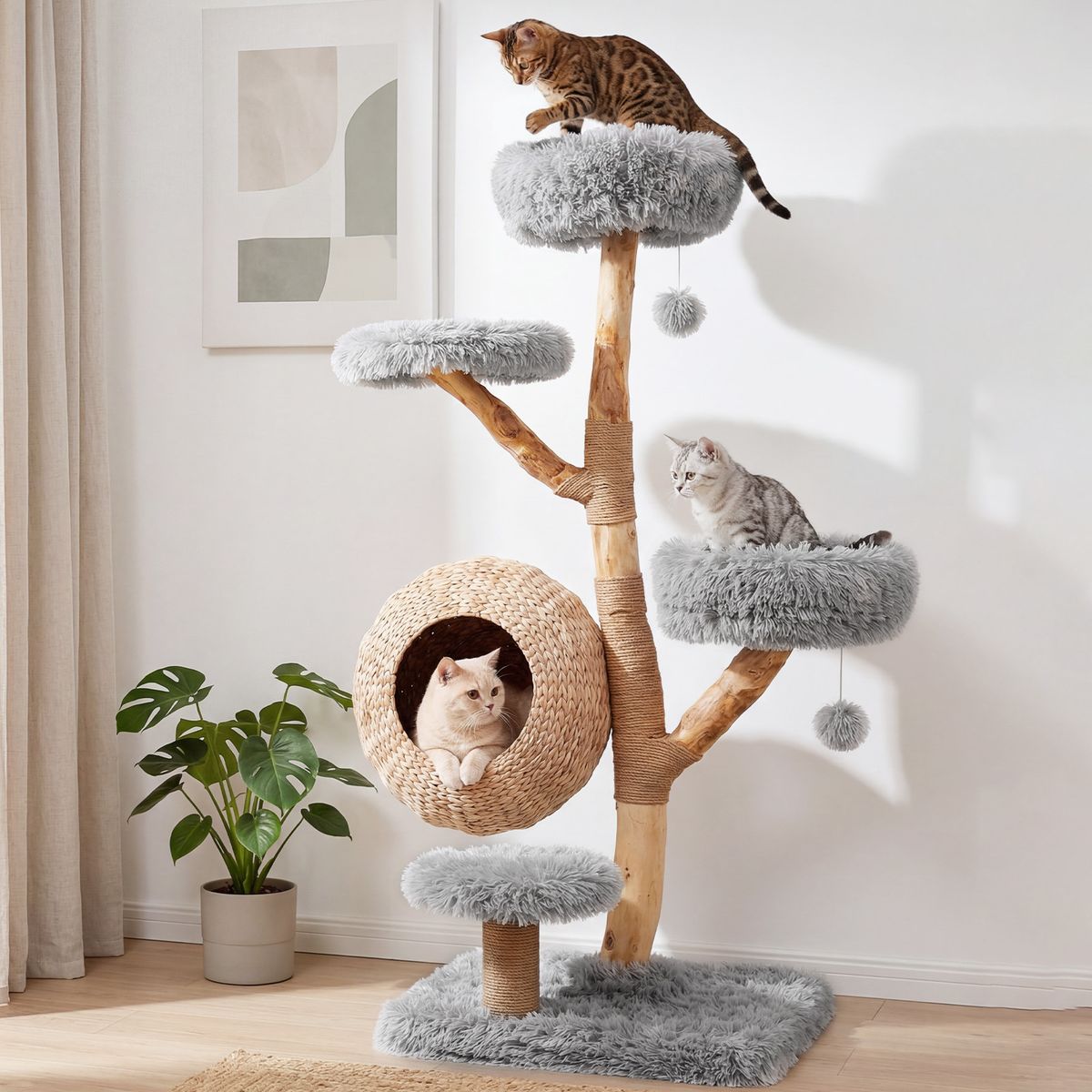 Arbre à chat Coast à cinq étages - niche pour chat tressée à la main - poteaux à griffer en jute - gris