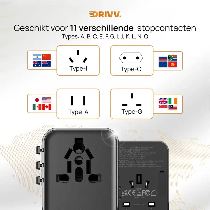 Drivv. Adaptateur universel USB-C 45 W - compatible avec plus de 180 pays - 3 ports USB-C et 2 ports USB-A - Adaptateur de voyage compact