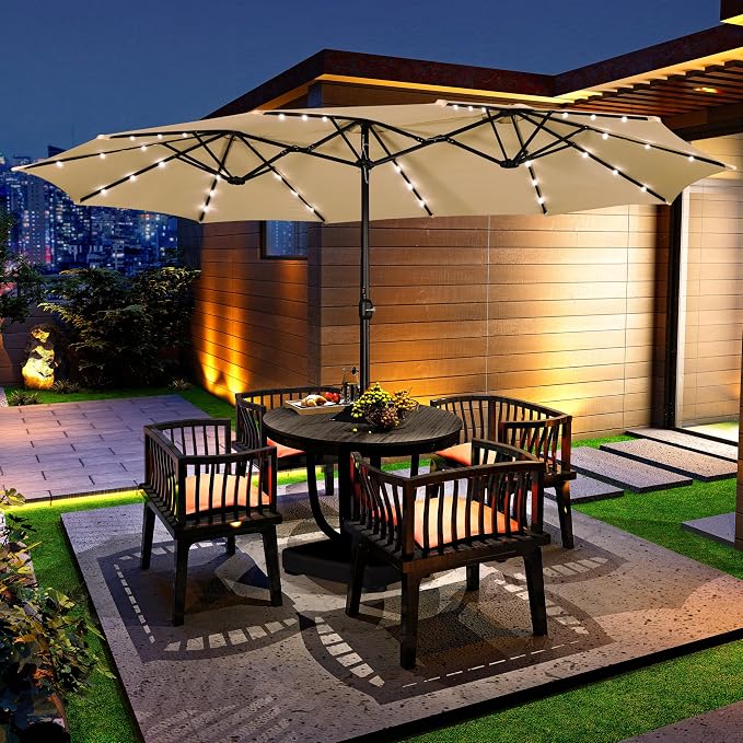 Parasol double Yaheetech 15 pieds avec éclairage LED solaire et pied - Beige - Parasol de jardin extra-large avec sacs de sable