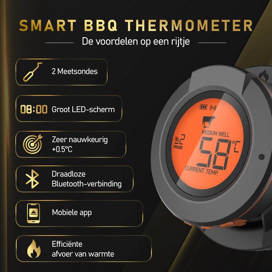 MostEssential AT-02 Thermomètre à viande - Thermomètre de barbecue intelligent - Bluetooth, application et 2 sondes de mesure inclus
