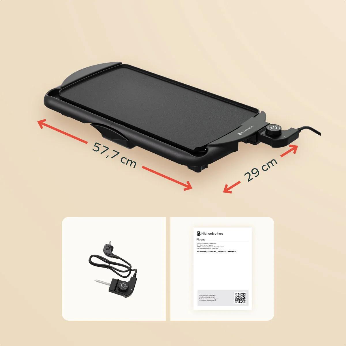 KitchenBrothers Plaque de gril électrique XL - 2000W - Gril Teppanyaki - Grillades en toute sécurité - Noir
