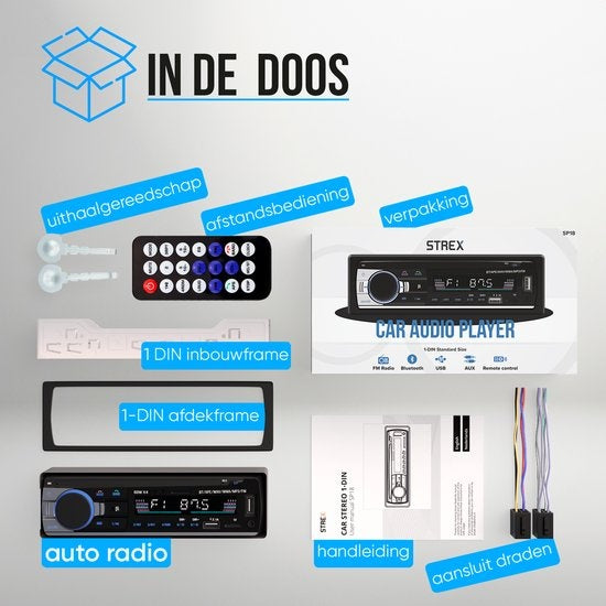 Autoradio Bluetooth - Strex - Compatible tous véhicules - USB - AUX - Mains libres - Noir