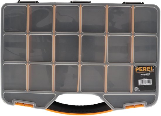 Boîte de rangement Perel, 20 compartiments max., 16 séparateurs, couvercle transparent, empilable, 326 x 257 x 48 mm, jaune/noir