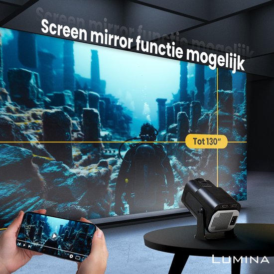 Lumina® Pro Mini Beamer 2025 – Projecteur intelligent portable 4K avec Wi-Fi 6 et Bluetooth 5.2 – Compatible avec iOS et Android – Idéal pour le home cinéma – Noir