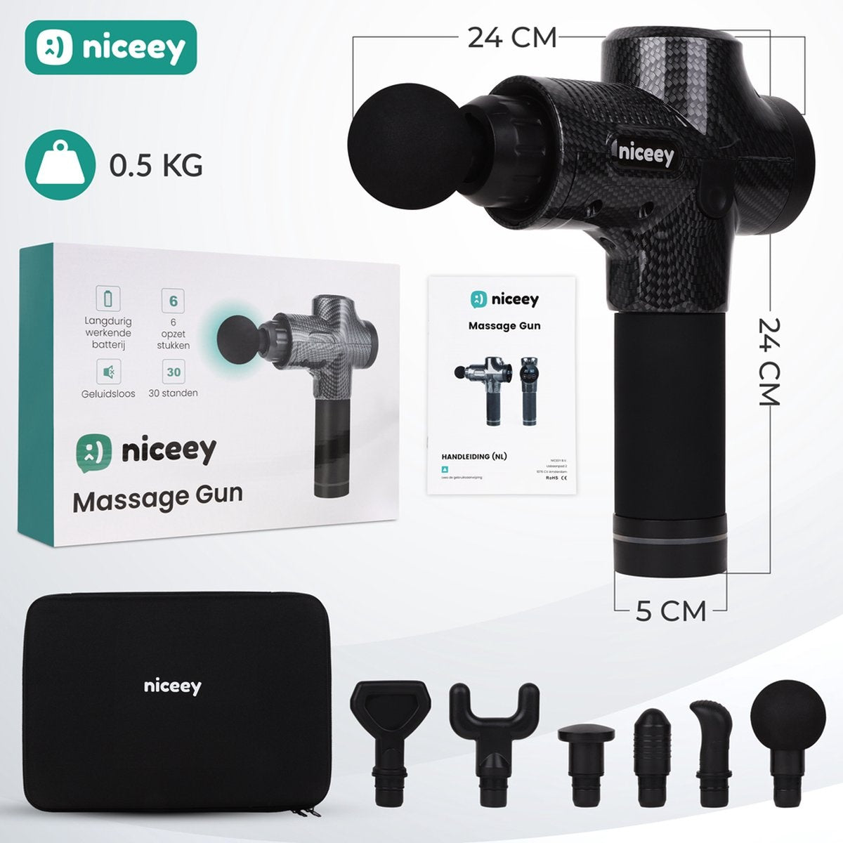 Masseur - Niceyy - Pistolet de massage musculaire - Sans fil - Noir