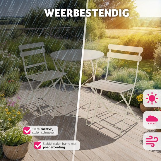 tectake® - Ensemble bistro pliant pour 2 avec structure en acier, table et chaises de jardin - Pour balcon et terrasse - Ensemble extérieur - Ensemble de jardin - Table et chaises pliantes - design élégant - crème