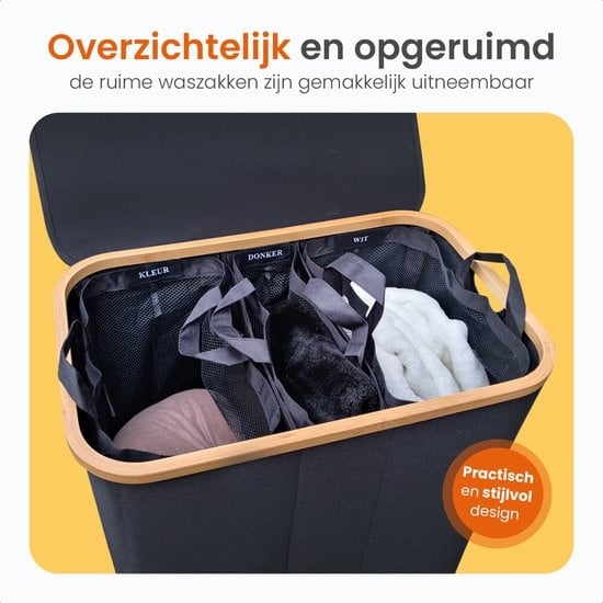 Goliving Trieur de linge 3 boîtes - 150L - Panier à linge pliable avec couvercle - 3 sacs amovibles avec étiquettes de couleur - 57 x 37 x 66 cm - Noir
