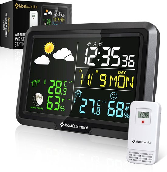 Station météo MostEssential Classic Edition - Installation Plug & Play - Sans fil - Station météo avec capteur extérieur - Hygromètre - Intérieur et extérieur - Portée de 100 mètres - 1 capteur
