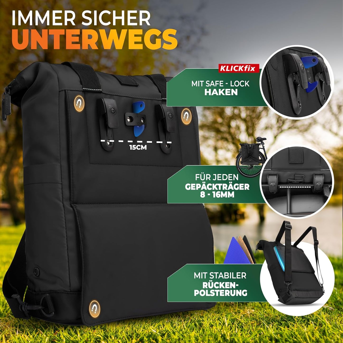 Sac à dos et sacoche de vélo Mivelo pour porte-bagages - 22 litres - Polyester hydrofuge - Fixation KLICKfix - Noir