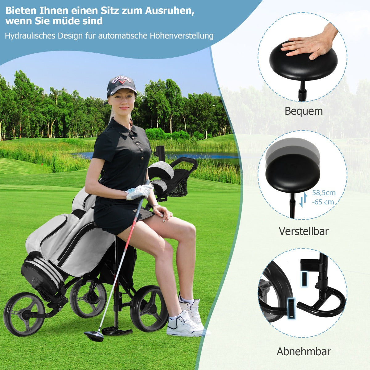 Chariot de golf Coast avec porte-parapluie et chaise - 130 x 75 x 120 cm - gris/noir