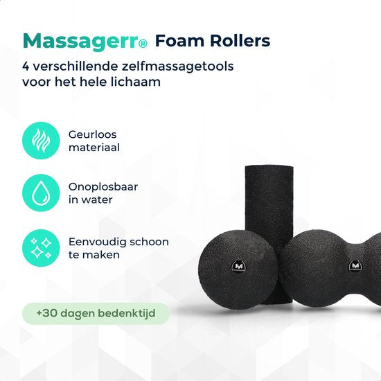 Massagerr® Mini Box - Boule de Massage, Boule de Massage Duo & Mini Foam Roller - Rouleau de Massage - Fascia - Fitness - Trigger Point Massage Set - Inclus Stress Ball - Noir
