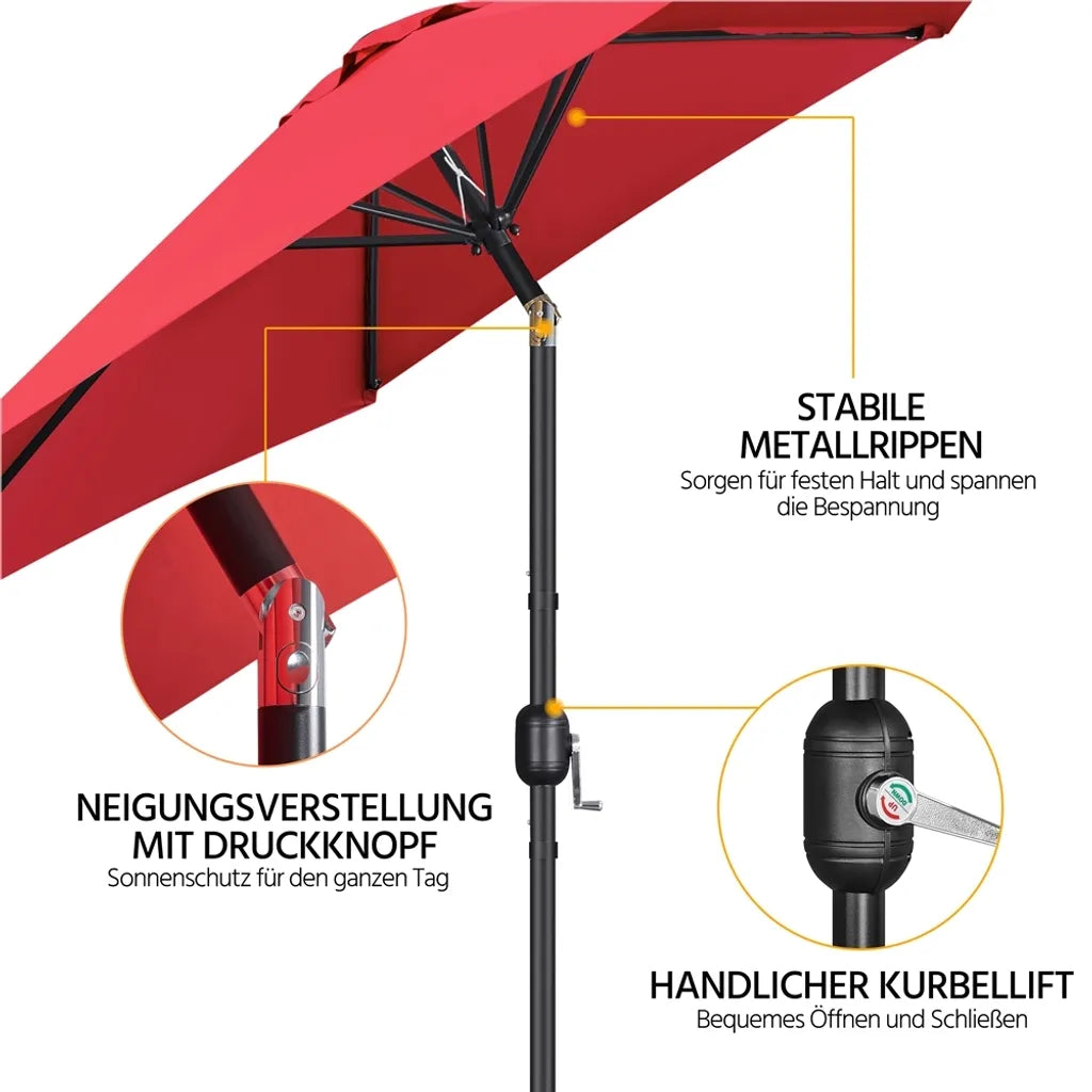 Parasol de jardin Yaheetech Ø 269 cm - Rouge - Parasol inclinable avec manivelle et protection UV UPF 50+