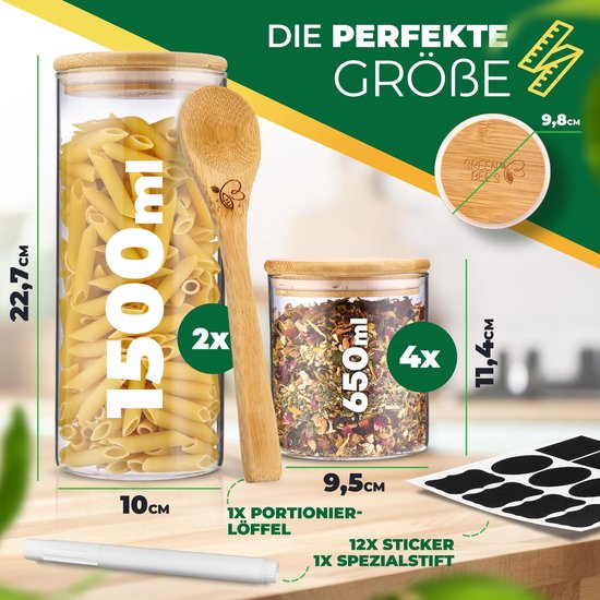 GREEN BEE'S Set de 6 grands bocaux à provisions - 2x1500ml & 4x650ml - S'intègre parfaitement dans les tiroirs et les armoires à pharmacie - Bocaux à provisions durables avec couvercles hermétiques - Pour la farine, le riz, les pâtes, les céréales et les