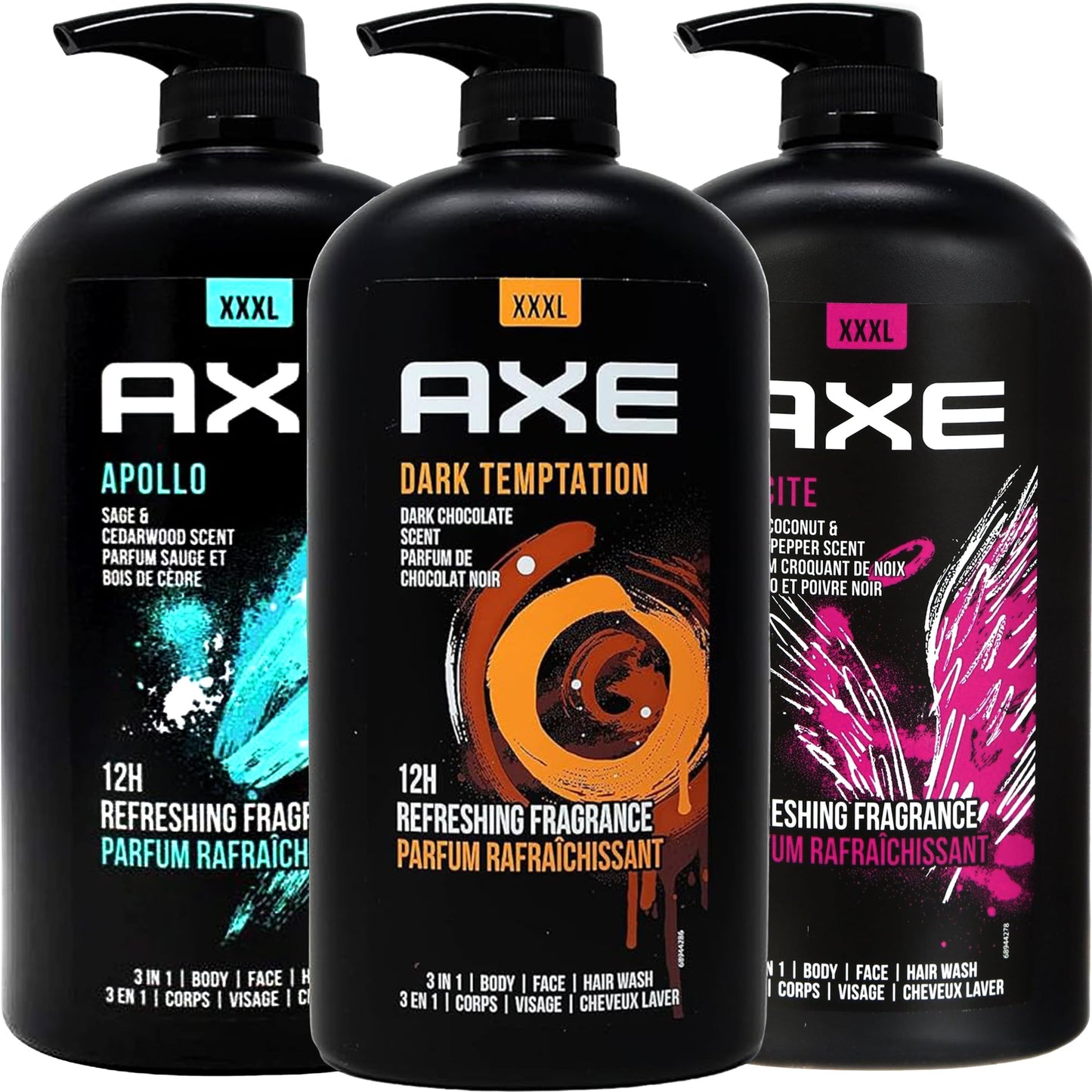 Gel douche Axe - Hommes - 3 en 1 - XXXL - Flacon pompe - Lot de 3 - Noir