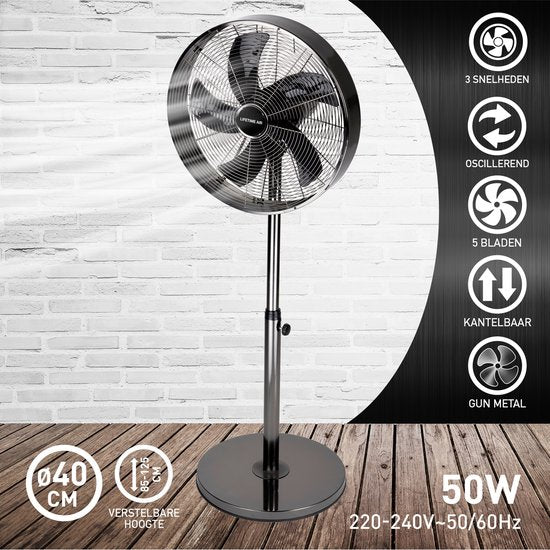 Ventilateur sur pied - Lifetime Air- 230V - Hauteur 85-125 CM - 3 Vitesses - Fonction oscillante - Inclinable - Argent