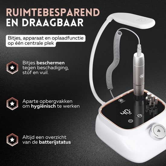 Beeperfect® Lime à ongles électrique édition de bureau - Moulin à ongles - Ensemble manucure et pédicure - 40 000 tr/min - sans fil et rechargeable - 11 embouts, 3 accessoires et 56 rouleaux de ponçage - or rose