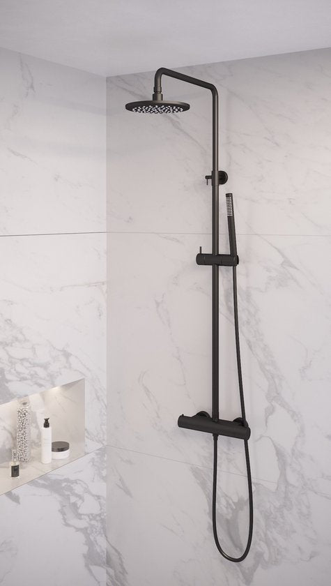 Ensemble de douche Brauer Built-up Round Black 20cm Mitigeur thermostatique Douche de pluie Support douche à main
