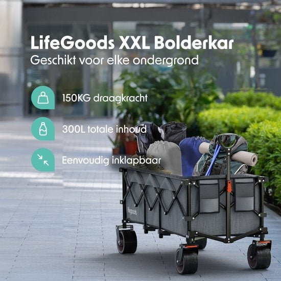 LifeGoods Bolderkar - XXL - Opvouwbaar - 300L - 150KG Draagkracht - Grijs