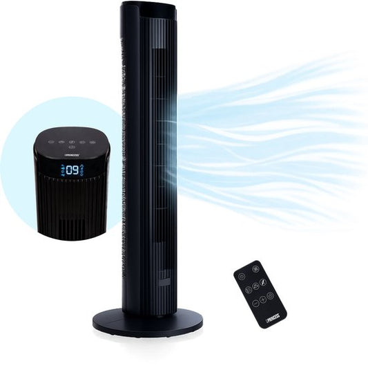 Ventilateur colonne Princess DC 91 cm – Ultra silencieux – 12 vitesses – 4 modes de ventilation – Oscillation à 90° – Minuterie 1 à 24 heures – Avec télécommande – Noir - 352370