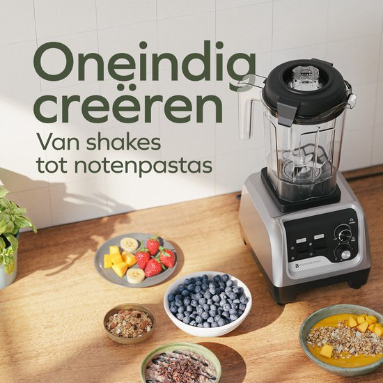 KitchenBrothers Power Blender - 1600W - 2L - Smoothie Maker - Ice Crusher - Gris Métallique