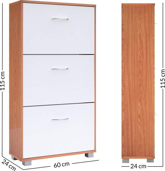 Armoire à chaussures - 3 volets - 115x60x24cm - 18 paires Hêtre/Blanc