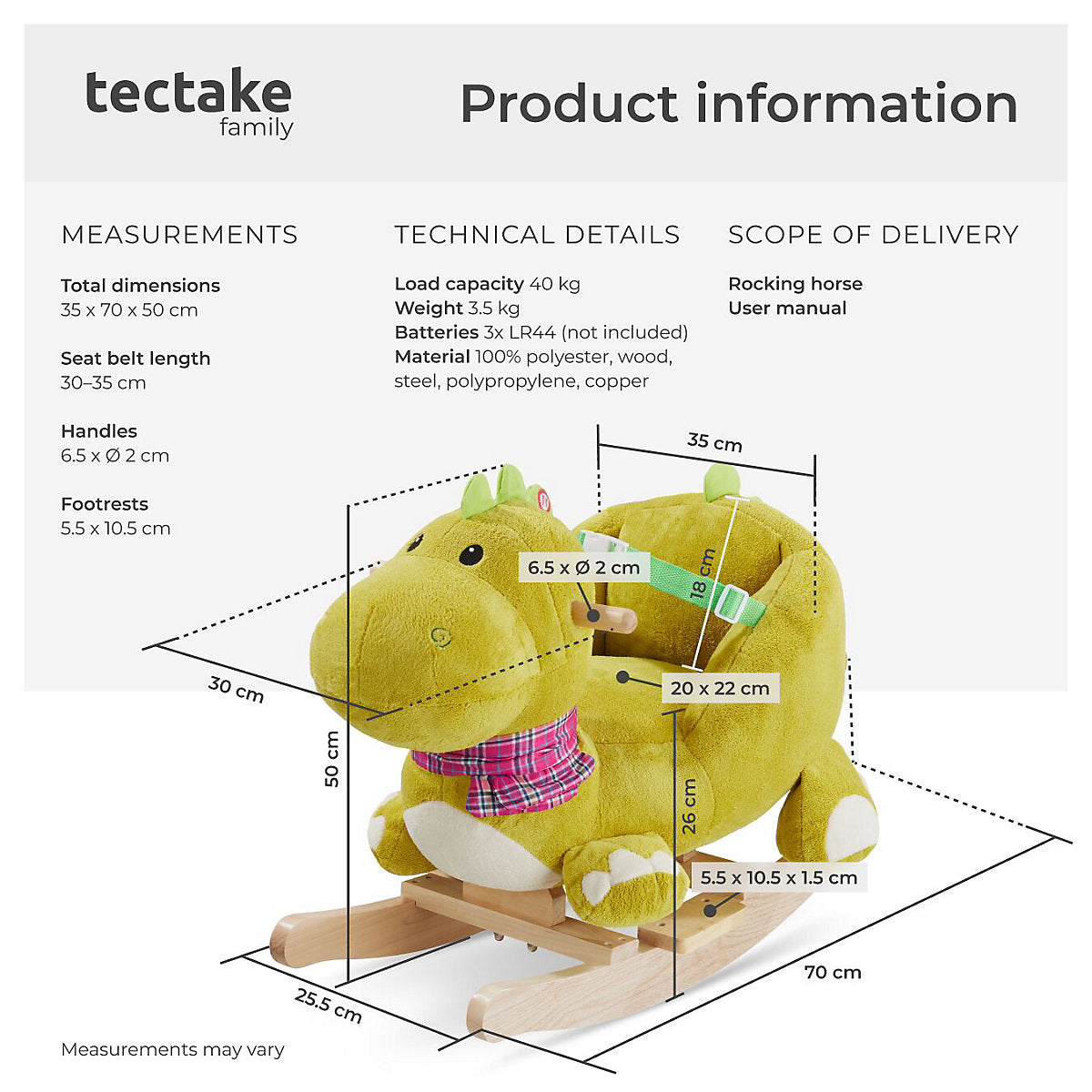 Cheval à bascule Tectake « Dinosaure » 50 cm - Bois/peluche - Effet sonore - Vert