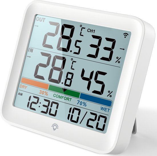 Station météo sans fil Iqonic - Intérieur et extérieur - Alimentation par piles - Humidimètre - Avec capteur extérieur - Blanc