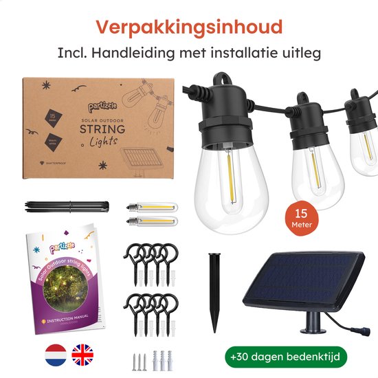 Partizzle 15m de guirlande lumineuse solaire imperméable - Dimmable - LED Lumière solaire de jardin - Guirlande lumineuse de camping - Guirlande lumineuse solaire pour l'extérieur - 2700K / Blanc chaud