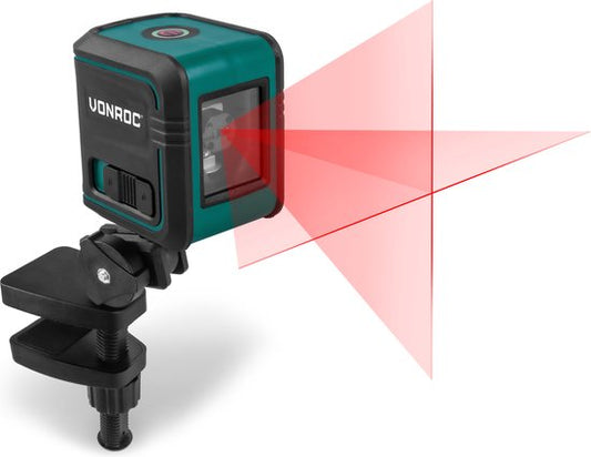 VONROC Cross line laser - Rouge - Autonivelant - 10 mètres - Support de montage et sac de rangement inclus